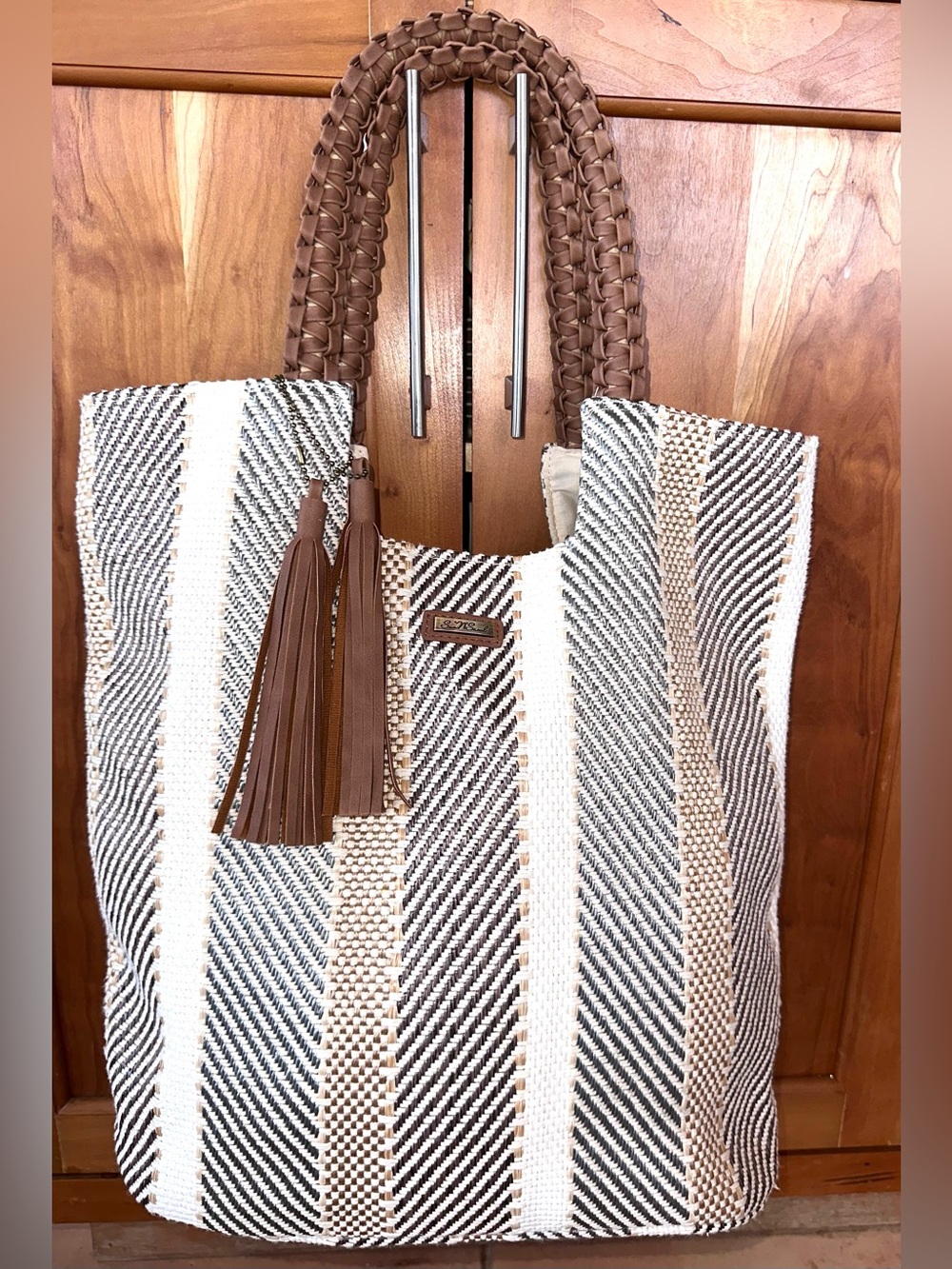 Sun N Sand Woven Stripe Resort Tote | Braided Handles & Tassel | Beach Shopper - Picture 2 of 12